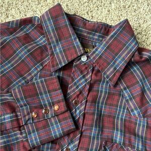 Vintage Roebucks Plaid Shirt Pearl Snaps Western Style Long Sleeve Sz M 15-15.5